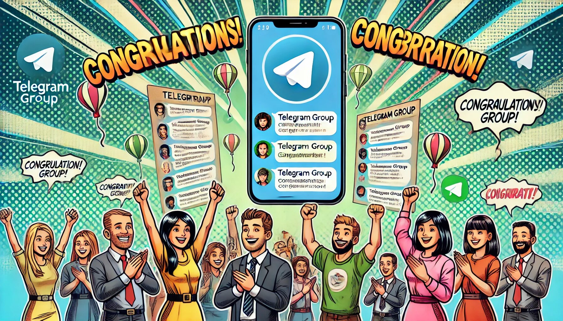 DALL·E 2025-03-05 13.32.23 - A comic-style image showing a group of people celebrating a successful Telegram group event. They are raising their hands and smiling, while their pho_proc.jpg