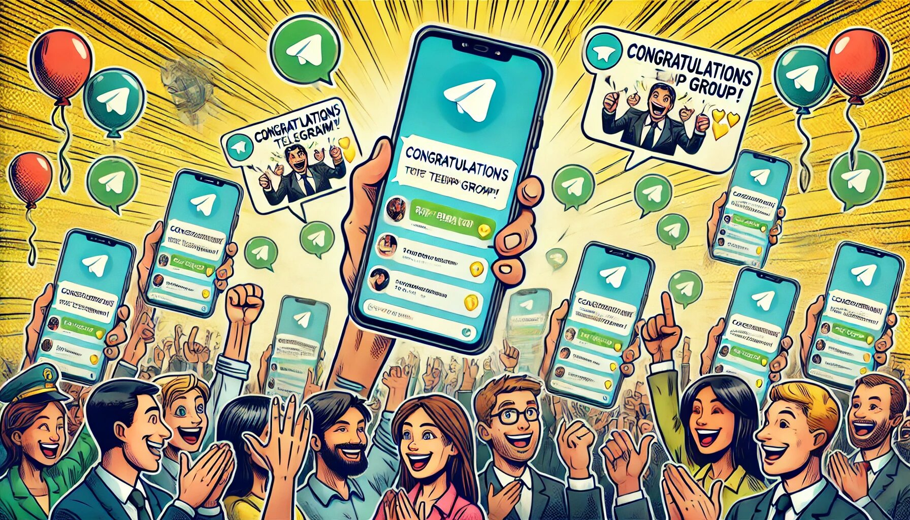 DALL·E 2025-03-06 15.06.01 - A comic-style image showing a group of people celebrating a successful Telegram group event. They are raising their hands and smiling, while their pho_proc.jpg